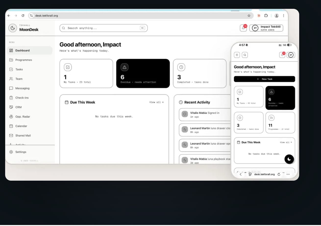 MoonDesk dashboard — desktop and mobile